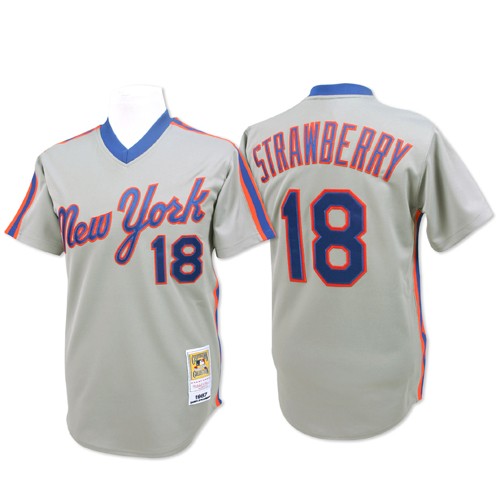 Men's Mitchell and Ness New York Mets #18 Darryl Strawberry Replica Grey Throwback MLB Jersey