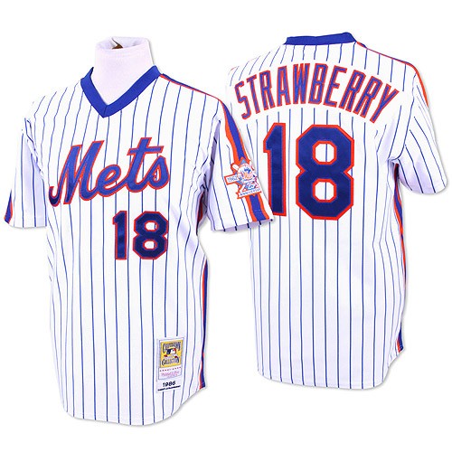 Men's Mitchell and Ness New York Mets #18 Darryl Strawberry Replica White/Blue Strip Throwback MLB Jersey