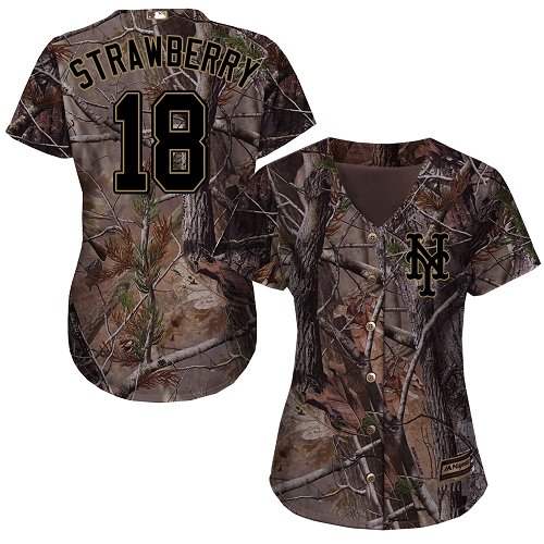 Women's Majestic New York Mets #18 Darryl Strawberry Authentic Camo Realtree Collection Flex Base MLB Jersey