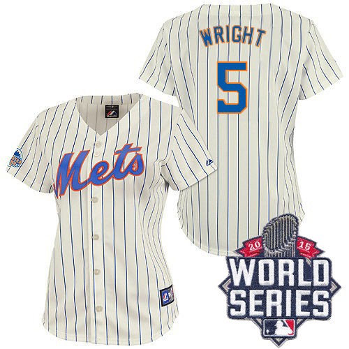 Women's Majestic New York Mets #5 David Wright Authentic Cream/Blue Strip 2015 World Series MLB Jersey
