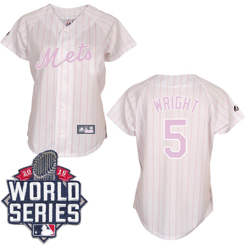Women's Majestic New York Mets #5 David Wright Authentic White/Pink Strip 2015 World Series MLB Jersey