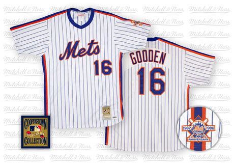 Men's Mitchell and Ness New York Mets #16 Dwight Gooden Authentic White/Blue Strip Throwback MLB Jersey