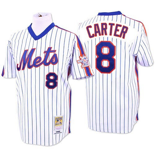 Men's Mitchell and Ness New York Mets #8 Gary Carter Replica White/Blue Strip Throwback MLB Jersey