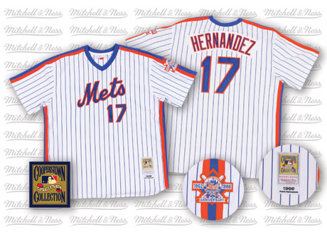 Men's Mitchell and Ness New York Mets #17 Keith Hernandez Authentic White/Blue Strip Throwback MLB Jersey