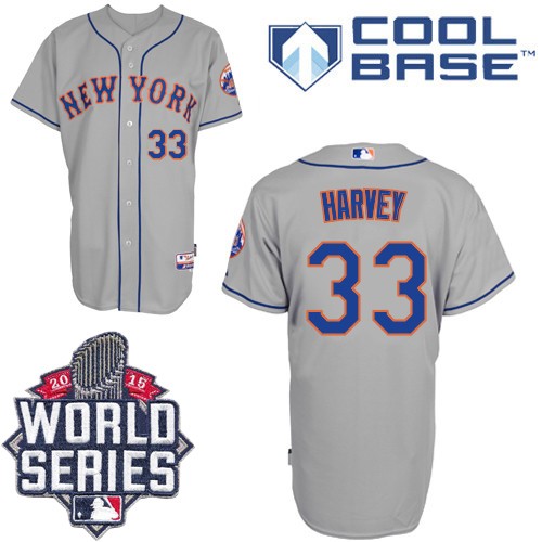 Men's Majestic New York Mets #33 Matt Harvey Authentic Grey Road Cool Base 2015 World Series MLB Jersey