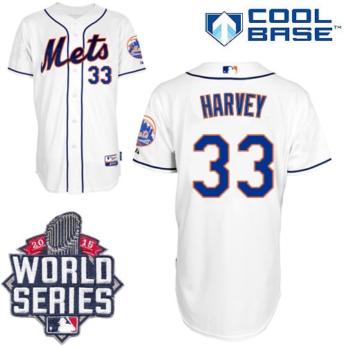 Men's Majestic New York Mets #33 Matt Harvey Authentic White Alternate Cool Base 2015 World Series MLB Jersey