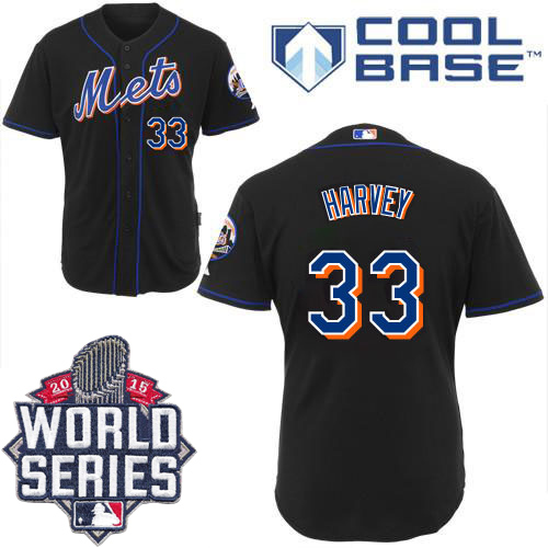 Men's Majestic New York Mets #33 Matt Harvey Replica Black Cool Base 2015 World Series MLB Jersey