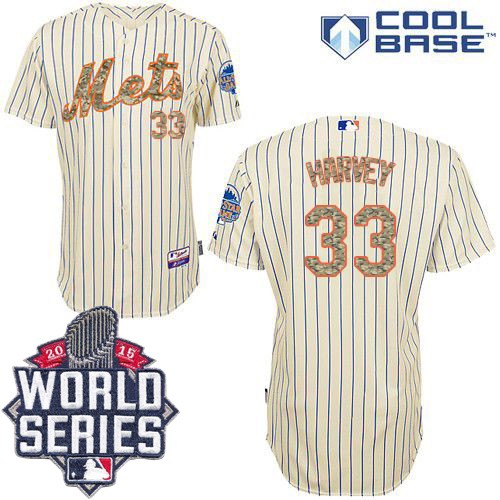 Men's Majestic New York Mets #33 Matt Harvey Replica Cream USMC Cool Base 2015 World Series MLB Jersey