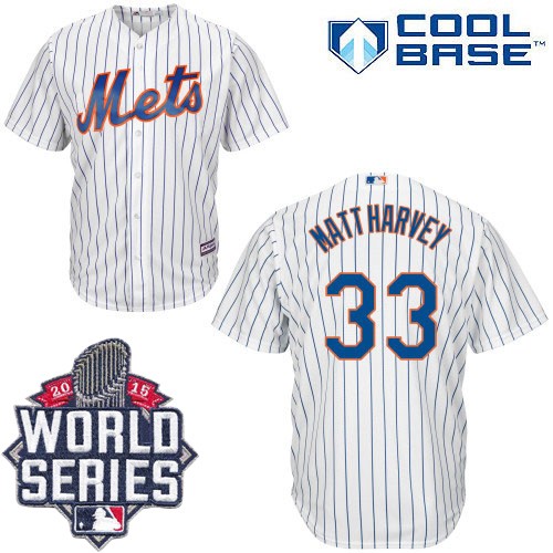 Men's Majestic New York Mets #33 Matt Harvey Replica White Home Cool Base 2015 World Series MLB Jersey