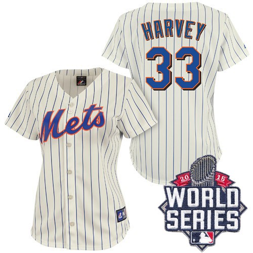 Women's Majestic New York Mets #33 Matt Harvey Authentic Cream/Blue Strip 2015 World Series MLB Jersey