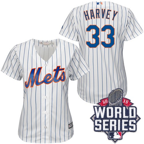 Women's Majestic New York Mets #33 Matt Harvey Authentic White/Blue Strip 2015 World Series MLB Jersey