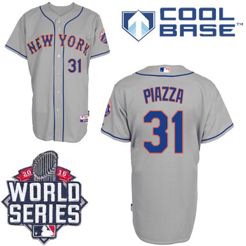 Men's Majestic New York Mets #31 Mike Piazza Authentic Grey Road Cool Base 2015 World Series MLB Jersey