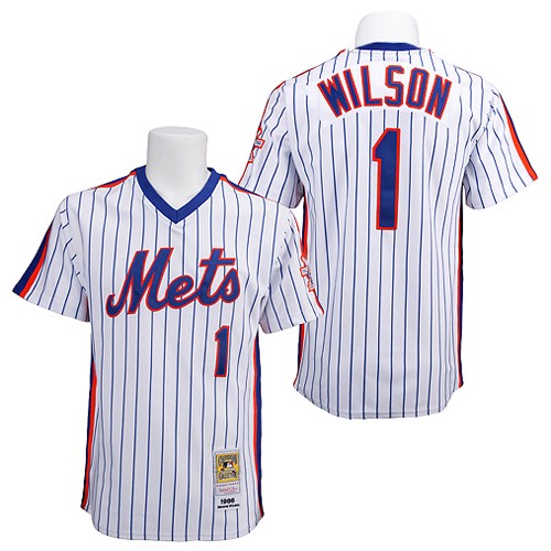 Men's Mitchell and Ness New York Mets #1 Mookie Wilson Authentic White/Blue Strip Throwback MLB Jersey
