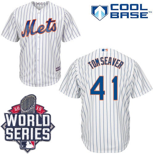 Men's Majestic New York Mets #41 Tom Seaver Authentic White Home Cool Base 2015 World Series MLB Jersey