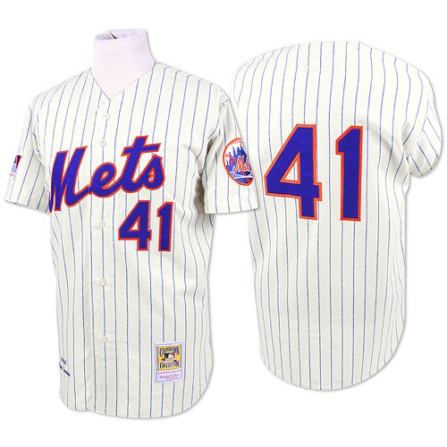 Men's Mitchell and Ness New York Mets #41 Tom Seaver Authentic White/Blue Strip Throwback MLB Jersey