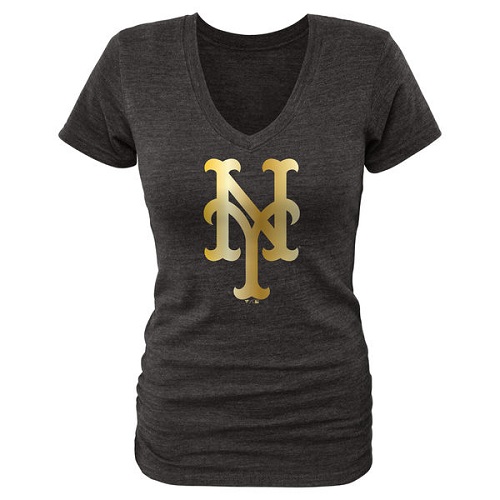 MLB New York Mets Fanatics Apparel Women's Gold Collection V-Neck Tri-Blend T-Shirt - Black