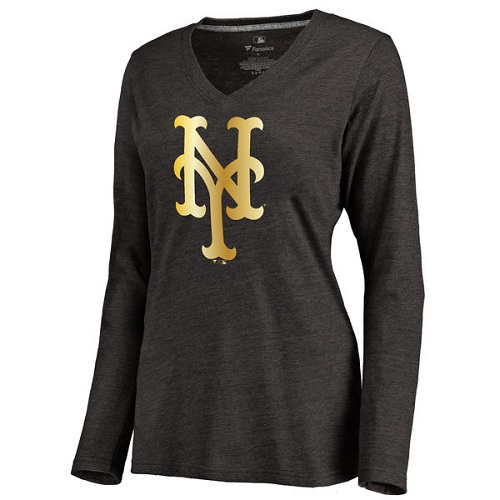 MLB New York Mets Women's Gold Collection Long Sleeve V-Neck Tri-Blend T-Shirt - Black